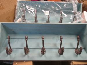 lot 75 image: Pair of Shabby Chic style Painted Wood wall mount Shelves with coat hooks. (Would be the PERFECT addition to the beach house)