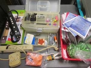 lot 78 image: Caboodle style storage box, office supplies, Power Strips, plus plus