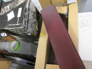 lot 306 image: Cherry Toned 16 two Floating Shelf set, Floor lamp and wall mounted mirror