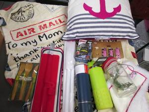 lot 315 image: Mom inspired soft blanket, Nautical Pillow, lightweight dusters, Insulated travel cups and more all in a covered tote