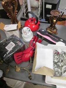 lot 316 image: Covered tote of random Kitcheware, personal care, decor supplies and accessories