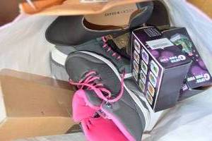 lot 124 image: Bag of Assorted Shoe Sizes Unknown, Grill Cleaning Set, Knock-off Legos, See Pictures