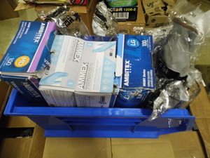 lot 18 image: Part organizer bin with Nitrile gloves and other ppe type supplies