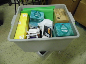 lot 37 image: Covered file box Tote Full of assorted Office Supplies and accessories
