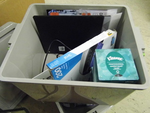 lot 38 image: Lidded file box Tote Full of assorted Office Supplies and accessories