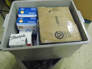 lot 39 image: Covered file box Tote Full of assorted Office Supplies and accessories