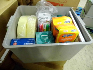 lot 40 image: Lidded file box Tote Full of assorted Office Supplies and accessories