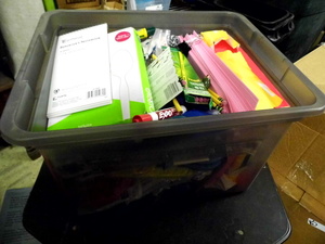 lot 42 image: Covered file box Tote Full of assorted Office Supplies and accessories