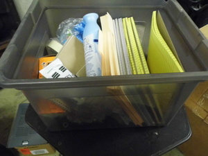 lot 44 image: Covered file box Tote Full of assorted Office Supplies and accessories