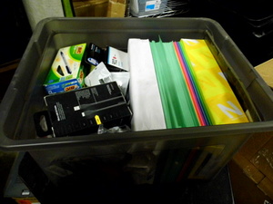 lot 48 image: Covered file box Tote Full of assorted Office Supplies and accessories