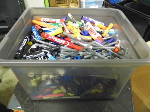 lot 51 image: Covered file box Tote Full of assorted Office Supplies and accessories