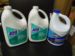 lot 90 image: Gallon jugs of disinfectant and bleach cleaners