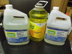 lot 91 image: 3-Gallon jugs of Comet cleaner with bleach and Lemon Pine-sol