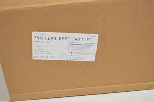 lot 503 image: Case of 75% Lean Beef Frozen Patties - 24lb, 72 Patties, Packaged on 91323