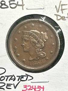 lot 19 image: 1854 Large Cent Penny (red book VF is $75)