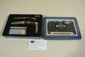 lot 74 image: Buck 389 Canoe and 385 Toothpick Knife Set in Tin