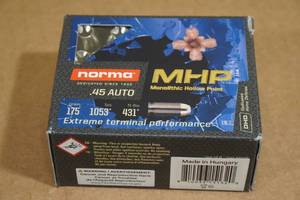 lot 157 image: 20 Norma .45 Auto 175 Gr MHP Ammo