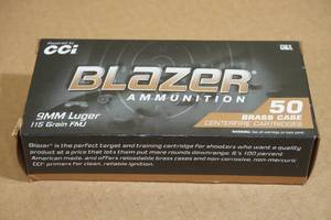 lot 162 image: 50 CCI Blazer 9mm Luger 115 Gr FMJ Brass Case Ammo
