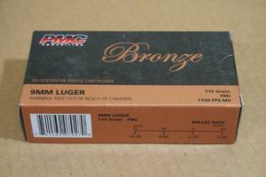 lot 163 image: 50 PMC Bronze 9mm Luger 115 Gr FMJ Ammo