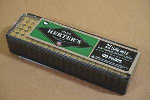 lot 187 image: 100 Herters .22 LR 40 Gr Plated HP Ammo