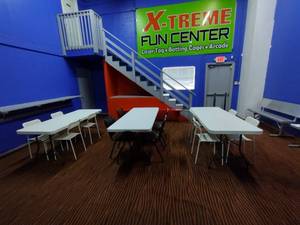 lot 128 image: 2 Max Chief Tables 71.5L.  1 Lifetime Table 71.25L. 4 Loft Stack Chairs. 8 IKEA ADDE Chairs