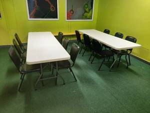 lot 126 image: 2 Max Chief Tables 96 x 36.  12 Loft Stack Chairs, SC105.