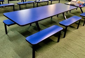 lot 71 image: Plymold 24 x 96 blue table top with blue seating