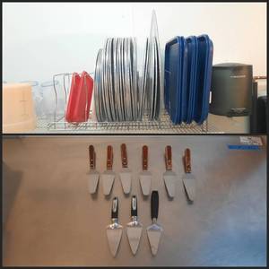 lot 134 image: 27 Pizza Pans  (8) Carlisle NCT1418 Plastic Cafeteria Trays Wire Vertical Storage Rack (9) Pie Servers