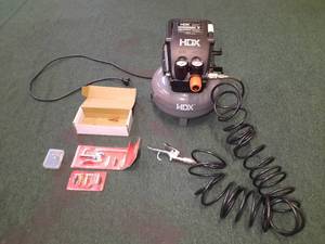 lot 173 image: HDX Pancake 2 Gallon Air Compressor, portable, includes air hose, Husky blow gun kit &  6-pc inflation tips