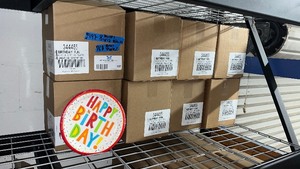 lot 197 image: 8 boxes with 12 8-packs of Creative Converting Happy Birthday 8.75 inch Plates. 768 total plate count