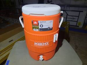 lot 228 image: Igloo 5-Gallon Beverage Cooler Personal Size Folding Table 30x19, height adjustable