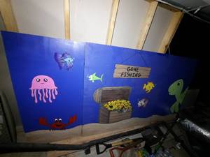 lot 242 image: 96 x 48 Tri-fold Blue Gone Fishing, folds to 48 x 48.