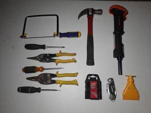 lot 247 image: Hand Tools Ramset Trigger Shot Tool. Plumb Hammer. Irwin Hack Saw. Wiss & Midwest Snips. Husky Blades & utility knife