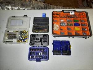 lot 217 image: (5) Boxes holding a variety of hardware Sockets, Drill Bits, Rivets, Screws
