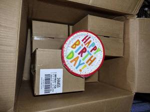lot 202 image: (6 boxes) of 12 8-packs of Creative Converting Happy Birthday 8.75 inch Plates, 344455. 576 total plate count