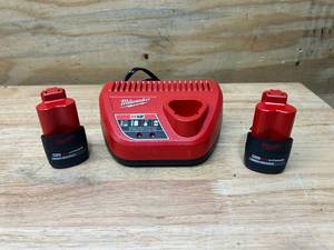 lot 20 image: MILWAUKEE M12 12-Volt Lithium-Ion Battery Charger with 2- M12 12V Lithium-Ion CP High Output 2.5 Ah Battery Packs
