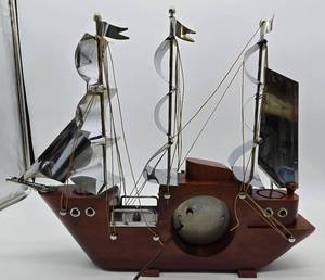 lot 56 image: Vintage Wood SHIP Clock wChrome Sails