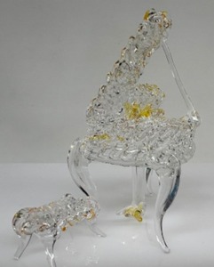 lot 73 image: Vintage Spaghetti Glass Piano w Bench Yellow Bird Inside