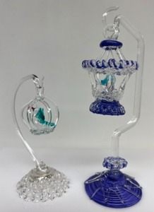 lot 74 image: Vintage Spaghetti Glass Hanging Birdcages w Birds in them on Stands