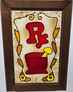 lot 24 image: Vintage RX Pharmacy Stained Glass Mortar & Pestle Design #1