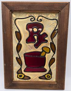 lot 25 image: Vintage RX Pharmacy Stained Glass Mortar & Pestle Design #2
