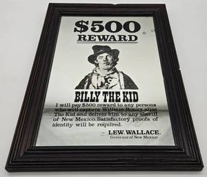 lot 35 image: Vintage BILLY THE KID $500 Reward Mirrored Sign