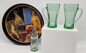 lot 96 image: Coca Cola Calendar Girls Tray wSet of Libbey Mugs & Bottle