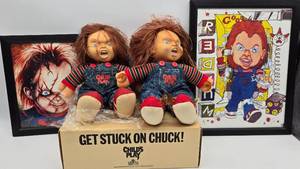 lot 46 image: Get Stuck on Chuck Childs Play Plush Dolls & Framed Images 