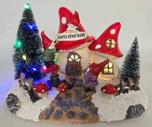 lot 114 image: GNOME Lighted Village Santa Stop Here Lighted NIB