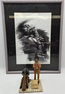 lot 120 image: Vintage Signed CHARLIE PARKER Framed Jazz Player & Figurine