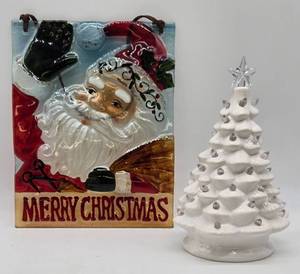 lot 158 image: Merry Christmas Santa Glass Sign & White Ceramic Christmas Tree