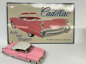 lot 126 image: Vintage Tin Pink CADILLAC Sign & Replica Pink Cadi Model Car