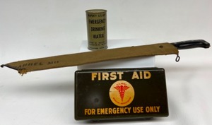 lot 129 image: Vintage Military First Aid Kit, Water Can, & Machete U.S. Army Government Items
