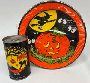 lot 130 image: Vintage Anoka Halloween Can & NOS Amscan Paper Plates